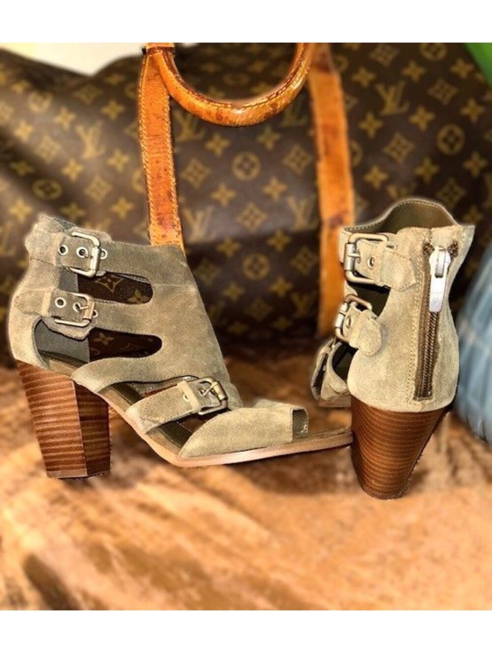 Marc Fisher Calinda Suede Gladiators Open Toe Heels in Olive Green W-8